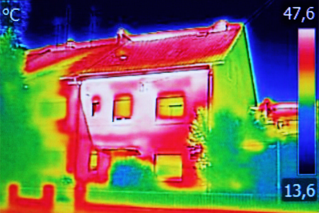 Thermal image of a typical home in the UK, shown through a home energy audit