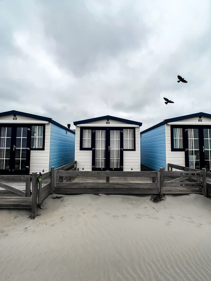 Park homes on the beachfront with birds flying overhead